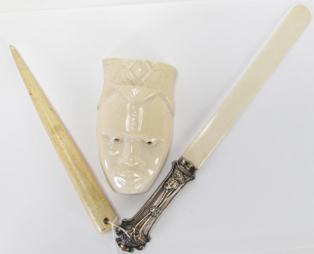 Group of Ivory Accessories: Group of ivory, 3 items, including letter opener with silver plate handle, 13" long, an African mask, and an ivory tusk