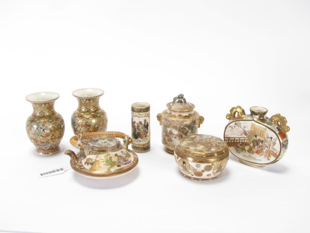 Group of Satsuma Oriental Items: Seven items of Satsuma pottery, three vases, handled vase, lidded jar, incense jar, sake pot, 2 to 3.5" high