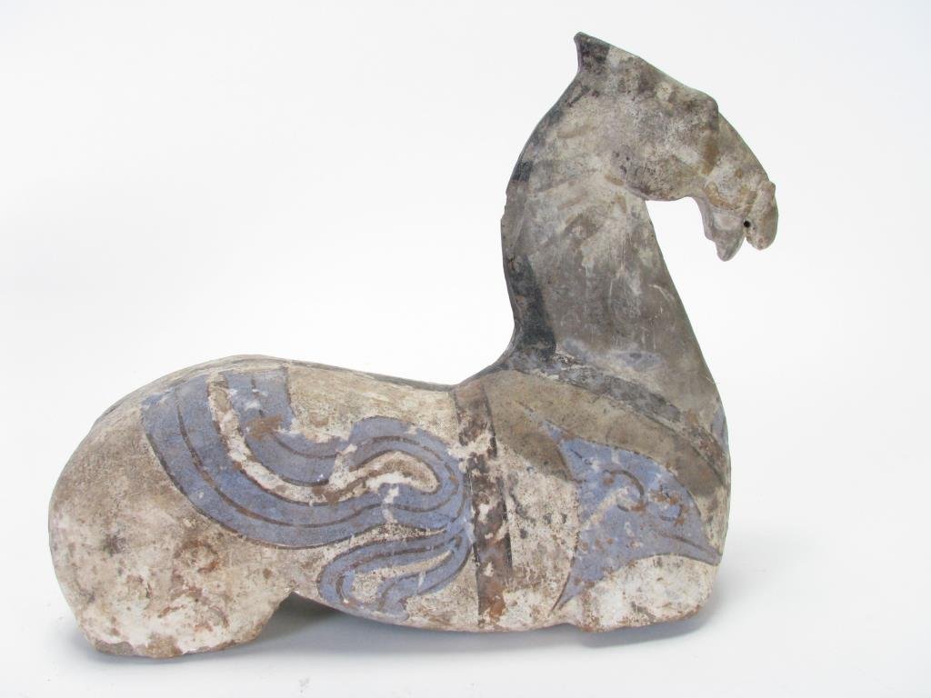 Han Dynasty Painted Pottery Horse: A Han dynasty painted pottery horse (circa 206BC-220AD), body only, originally made with wood legs, original pigments, 12"l x 10"h, with Oxford Authentication report of Thermo luminescence Analysis Re