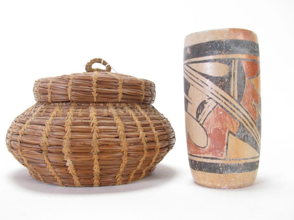 Southwest Basket and Vase: A Southwest lidded, woven basket and Southwest vase, also includes a woven trivet