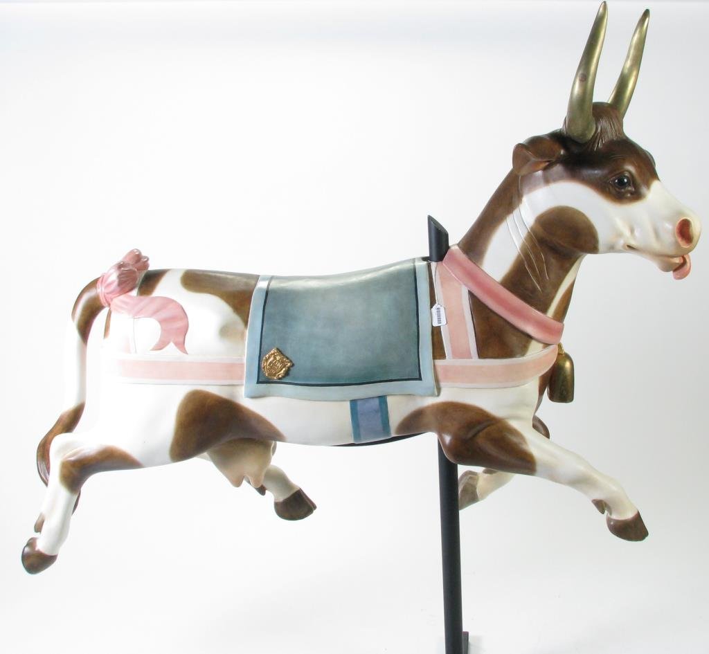 Antique Bayol Carousel Large Cow: Antique, circa 1900 France, Gustav Bayol carved carousel large cow, solid bronze horns, 51"l x 43"h, purchased from Amusement Arts, CT, 1993, for $5500, restored by Old Parr's, IL, 1996 (receipts for 