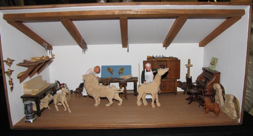 Carousel Maker's Workshop Diorama: Made by Gail Hall, a diorama depicting a carousel maker's workshop, 24 x 12 x 12