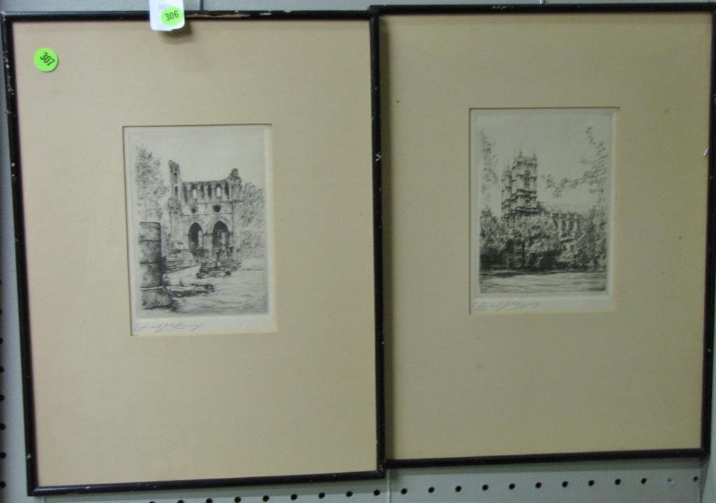 Two Abbey Etchings by Edward J Cherry: Two etchings by Edward J Cherry (American, 20th century), including "Dryburgh Abbey", size as framed 16.5 x 12.5, pencil signed, and "Westminster Abbey, also 16.5 x 12.5