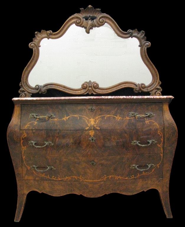 Italian Bombe Marble Top Dresser: An Italian Bombe marble top dresser with mirror, scroll and floral motif inlaid drawer fronts, with bronze handles and escutcheons, beautifully grained beveled edge marble top, (use with or without mi