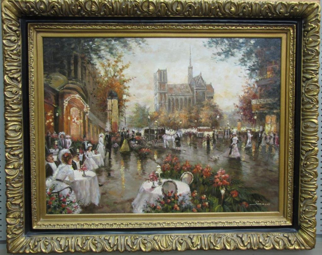 Signed, Decorator Oil Painting: A signed, decorator oil painting, depicting Parisian wedding street scene, in antique style, ornate frame, signed, "Simmons", size as framed 42.5" x 52.5"