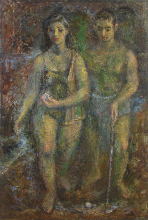 Harry A Davis 30x20.5 O/B "Shell Gatherers", 1959: Harry A Davis (IN, 1914-2006) 30x20.5 , O/B , Signed lower right , "Shell Gatherers", 1959 , Depicting: Man and woman collecting shells , Inscribed: Estate Stamp, 2006 ,Provenance: Estate of the artis