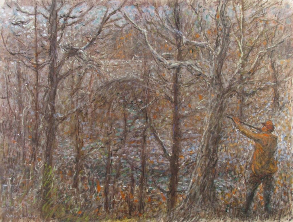 Harry A Davis 17.5x23 Ac/W/P "Good Shot": Harry A Davis (IN, 1914-2006) 17.5x23 , Ac/W/P , signed lower left , "Good Shot" , Depicting: hunter in woods near bridge , Inscribed: artist's tag attached verso ,Provenance: Estate of the Artist ,Co
