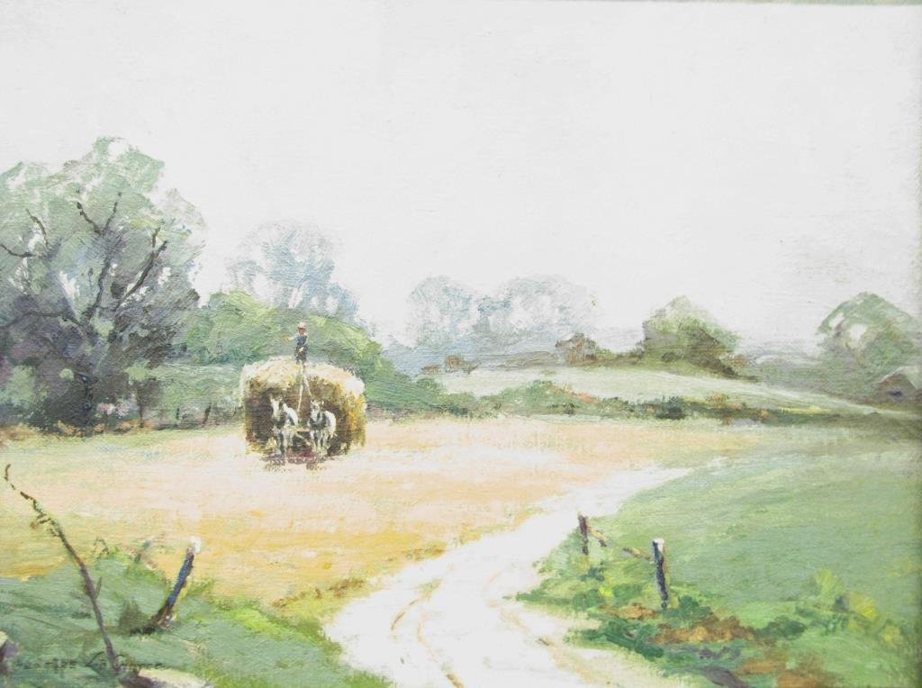 Geo LaChance 12x16 O/Panel Stacking Hay: Geo LaChance (IN, 1888-1964) 12x16 , O/Panel , signed lower left , Stacking Hay , Depicting: wagon pulled by a team of horses ,Condition: recently cleaned and conserved