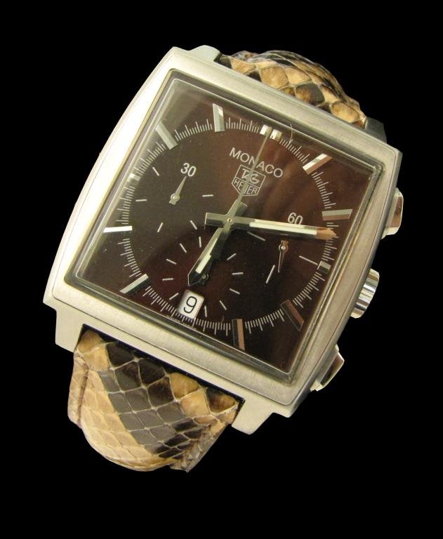 Tag Heuer 37mm Monaco Chronograph Watch: A Tag Heuer 37mm Monaco chronograph watch with brown dial and python strap, box and booklets, extra stainless bracelet, retail over $4000