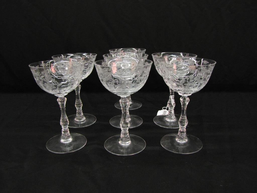 Set of Fostoria Navarre Stemware: Set of Fostoria Navarre Stemware including seven etched martini glasses