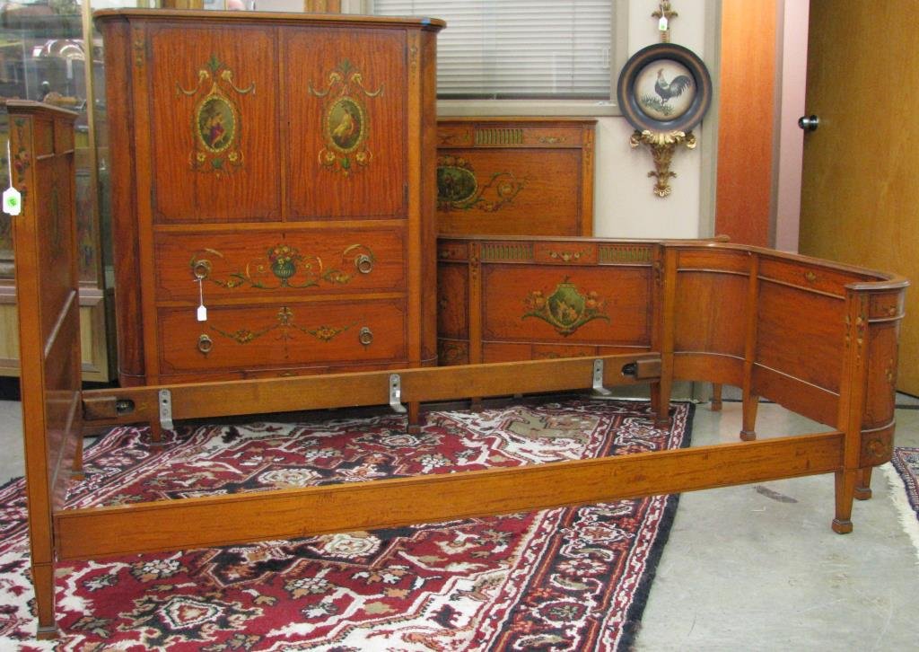 French Style Twin Bedroom Suite: A French style bedroom suite, having two twin beds with headboard, footboard and rails, door chest with two drawers, all with classic scenic medallion decoration, armoire measures 42 x 23.5 x 51.5h