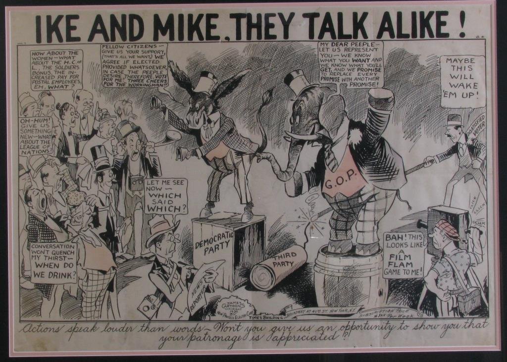 Framed Political Cartoon, Ike and Mike: A framed political cartoon, "Ike and Mike, They Talk Alike", sight size 21 x 30, published by James Cartoons, New York, copyright 1920, size as framed 30.5 x 39.5