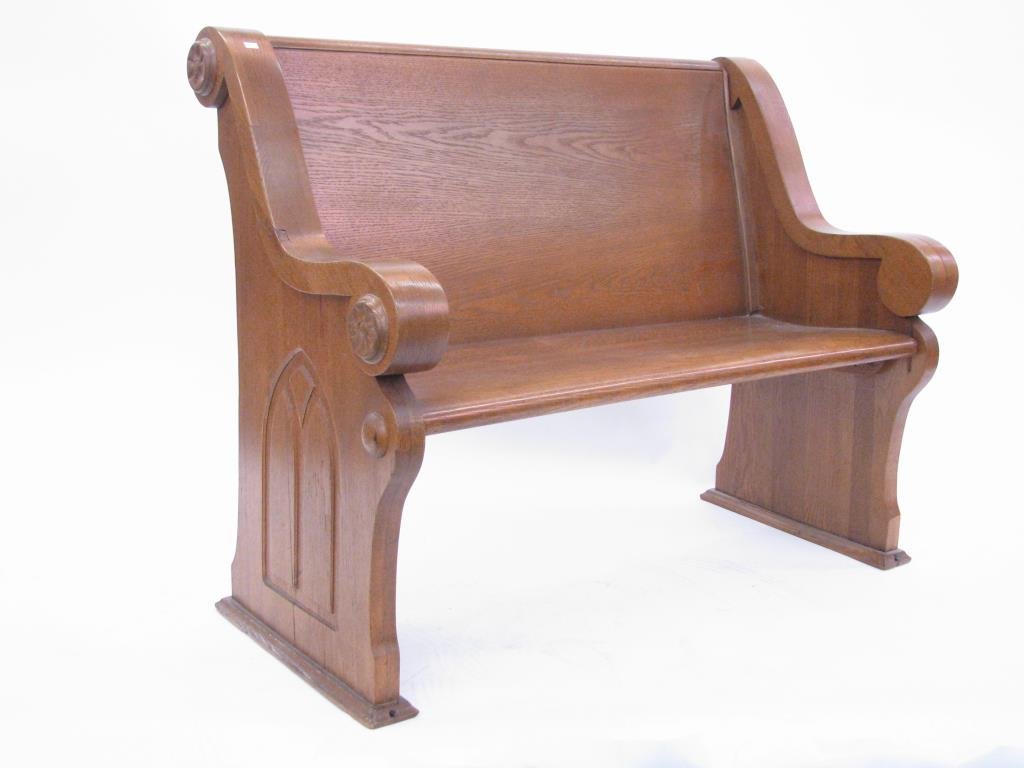 Antique Oak Church Pew: Antique Oak church pew, slightly curved, with carved rosette trim, 45" wide
