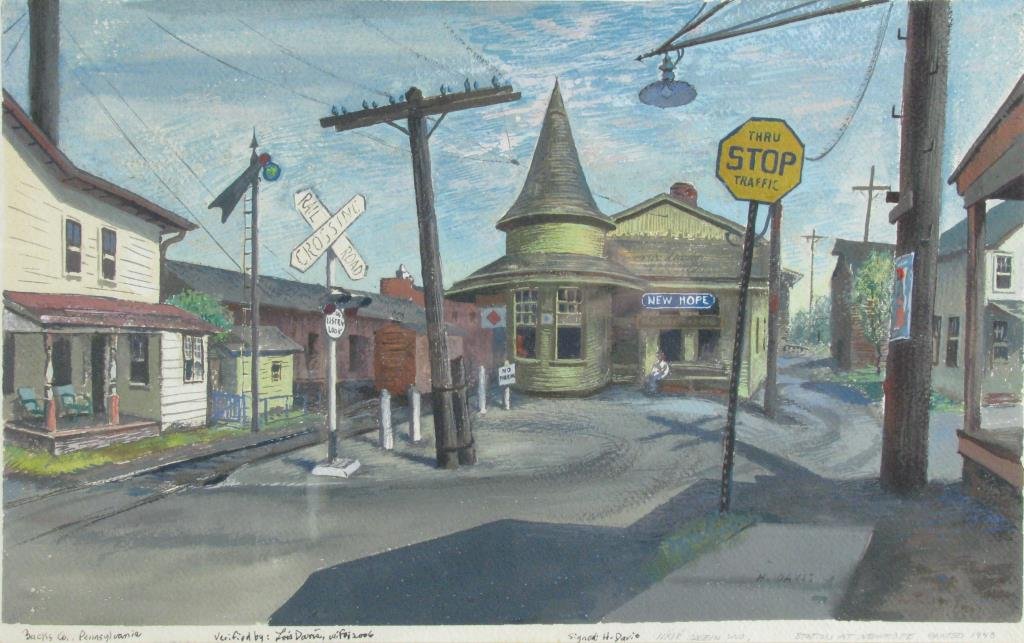 Harry A Davis 11x18 Casein/WC "The Station...": Harry A Davis (IN, 1914 - 2006) 11x18 , Casein/WC , SLR 1948 , "The Station..." , Depicting: train station in Bucks Co, PA , Inscribed: artist tag verso , Titled "The Station at New Hope" Provenance: 
