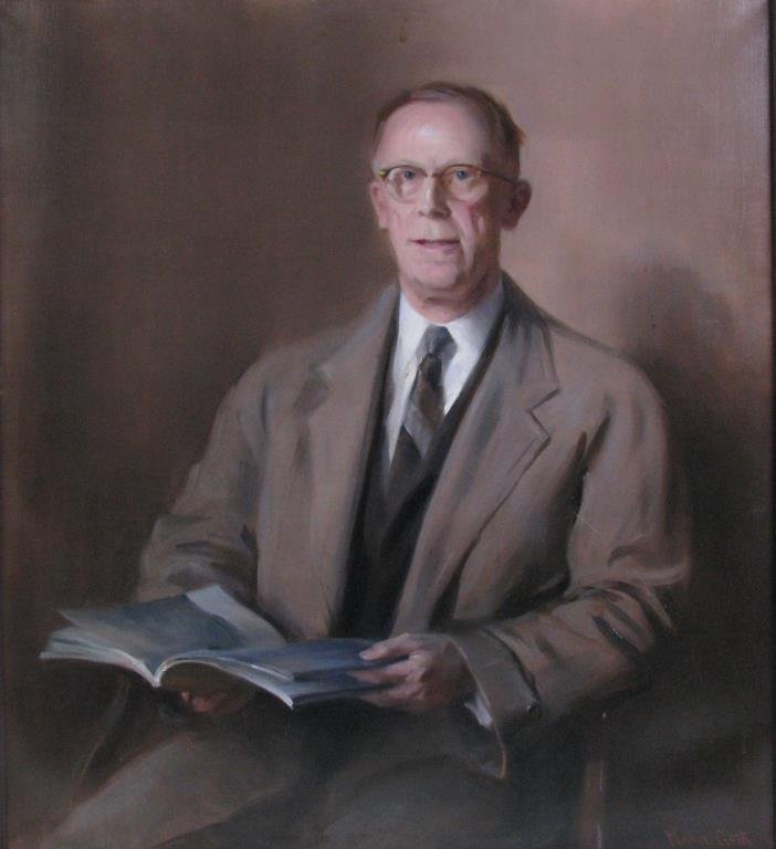 Marie Goth 40x36 O/C "Joel W. Hadley", 1961: Marie Goth (IN, 1887-1975) 40x36 , O/C , signed lower right , "Joel W. Hadley", 1961 , Depicting: Principal of Shortridge High School, Ind , Exhibited: Best of Show, Hoosier Salon, 1961 , Inscribed: H