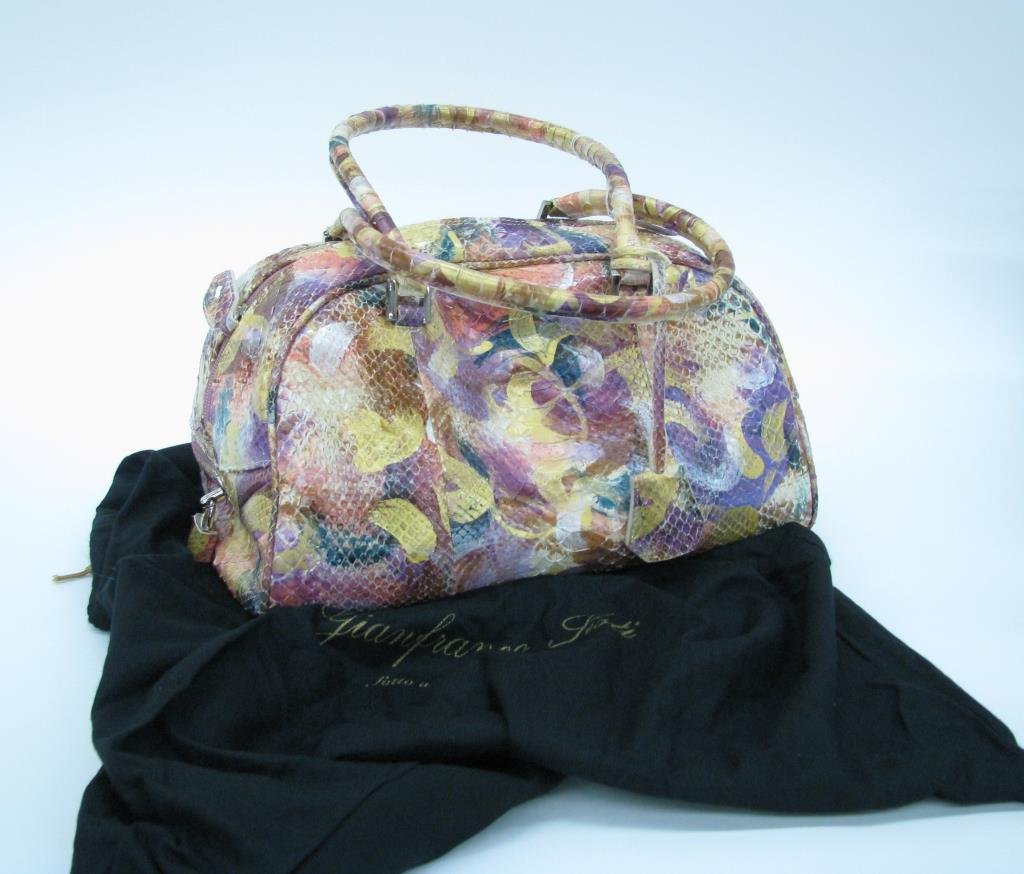 Gianfranco Listi Snake Skin Bowler Bag: Gianfranco Listi made in Italy hand painted multi-color snake skin textured bowler bag. Bag has two top handles, silver tone hardware including lock with key. Zip top closure. Interior lined in rayon