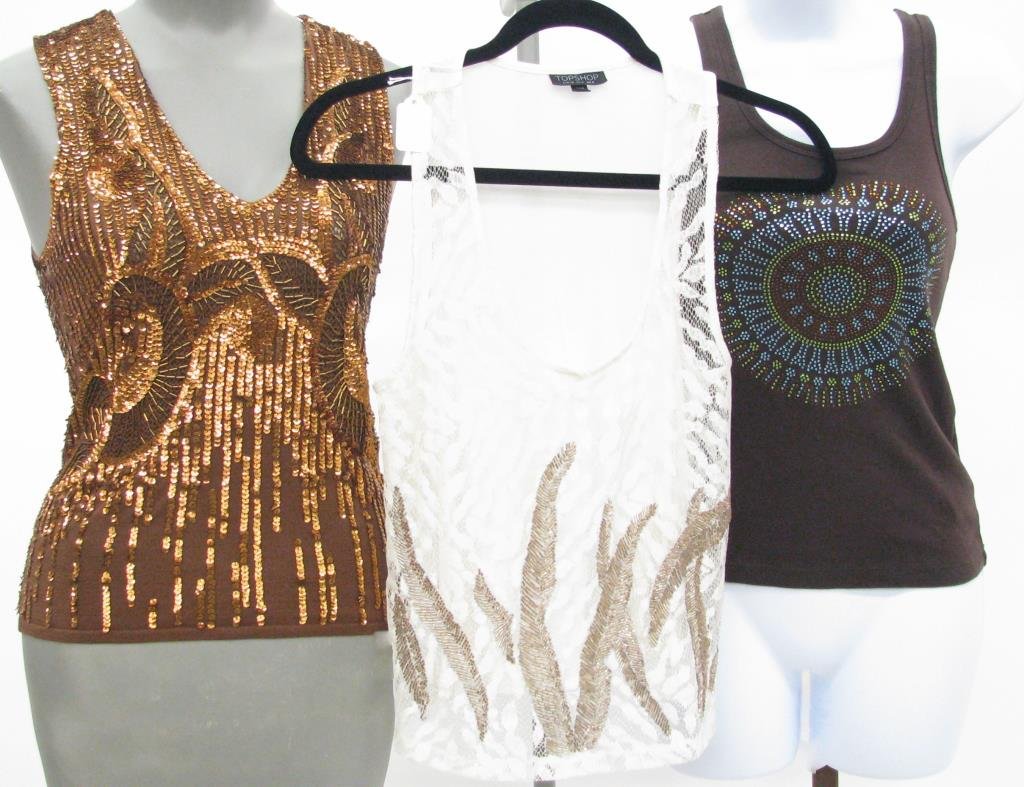 DKNY, Burch, Top Shop Tank Tops: Lot of three tank style tops: 1. DKNY bronze silk tank with sequins Size P 2. Tory Burch brown cotton tank with geometric beaded design. Size S. 3. Top Shop lace and beaded cream color tank. Size 4