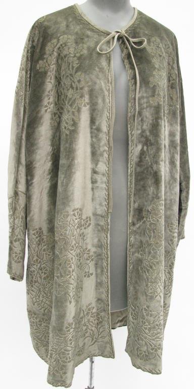 Rare Mariano Fortuny Venise Overcoat: RARE!! Mariano Fortuny Venise sage green silk velvet 3/4 overcoat with cord style at neck. Lined in silk. C. 1920s/30s. Includes "Fortuny: Mariano Fortuny: His Life & Work" book