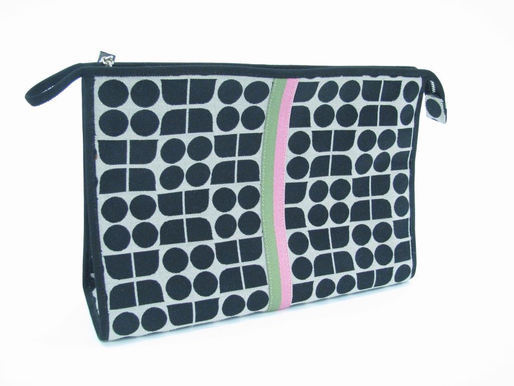 Kate Spade "Noel Weave" Cosmetic Bag: Kate Spade "Noel Weave" cosmetic bag. Black and white with pink and green stripe. Zip top closure with silver tone hardware. Interior is lined in nylon with one zip pocket. 8" tall x 11 3/4" long x 3 