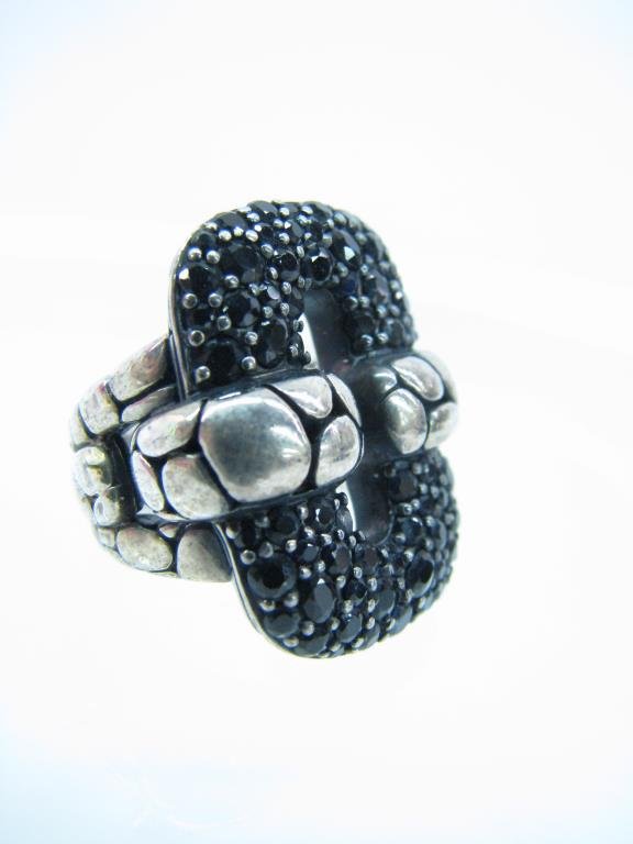 John Hardy Kali Sterling Black Sapphire Ring: John Hardy Kali collection sterling and black sapphire ring. The ring features an open rectangular design that is pave set with black sapphires. It is 1" x 3/4" wide. Marked 925 JH. Ring Size 4