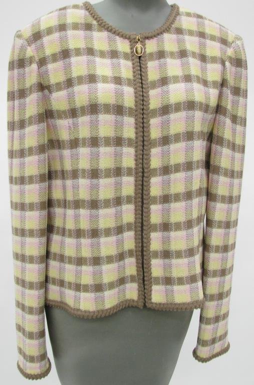 St. John by Marie Gray Zip Front Jacket: St. John Collection by Marie Gray pink, yellow, white and brown check design zip front jacket. Gold tone logo pull with mineral style stone. Size 12