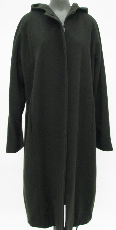 DKNY Black Wool, Cashmere Full Length Coat: DKNY Signature black wool and cashmere full length coat with hood. Zipper front with draw string at hem. Two slant front pockets. Size 8