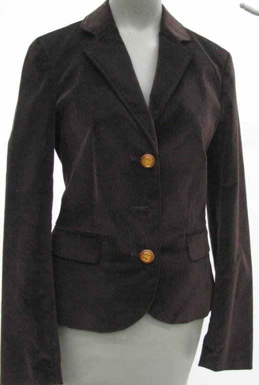 DKNY, Burch, Vincent, Maglif Blazers: Lot of four blazers: 1. DKNY rust color velvet blazer with three buttons and faux flap pockets. Size 4. 2. Tory Burch dark brown velvet three button blazer with faux flap pockets (missing one button).