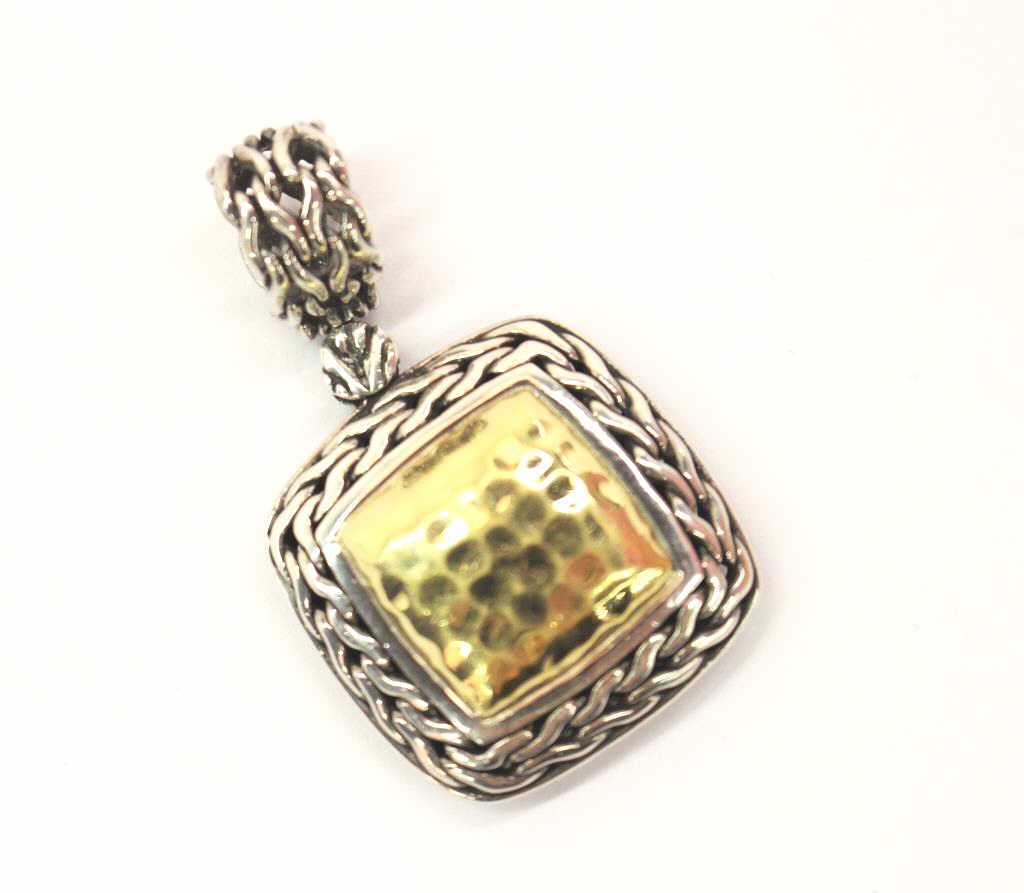 Sterling, 18K John Hardy Palu Collection Enhancer: A Sterling Silver John Hardy Palu Collection Enhancer/Pendant with hammered 18K yellow gold center, approximately 1" square, and 1.5" total length