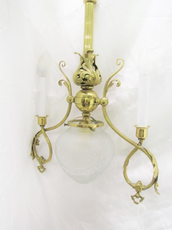 2-Light Hanging Light Fixture: An antique, converted, hanging gas light fixture, 2 candlestick style fixtures, brass frame, single shade, 37.5"h