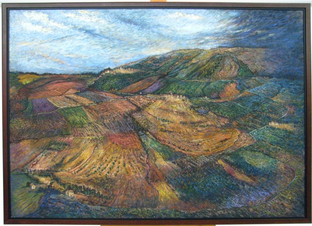Al Pounders 44x62 O/C "Fall Fields, Polpetto": Al Pounders (American, 20th Century) 44x62 , O/C , signed verso , "Fall Fields, Polpetto" , Depicting: a modernist landscape