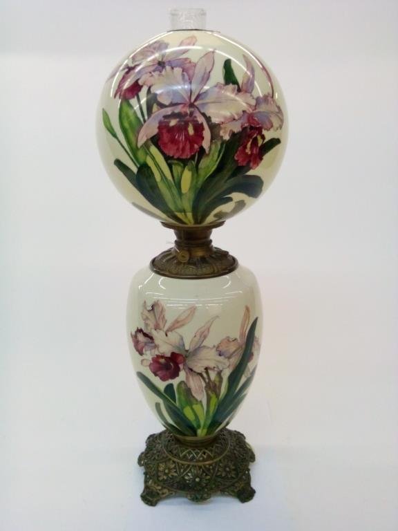 GWTW Table Lamp: A Gone With the Wind table lamp, with painted floral decor on glass base and shade, electrified, 32"h