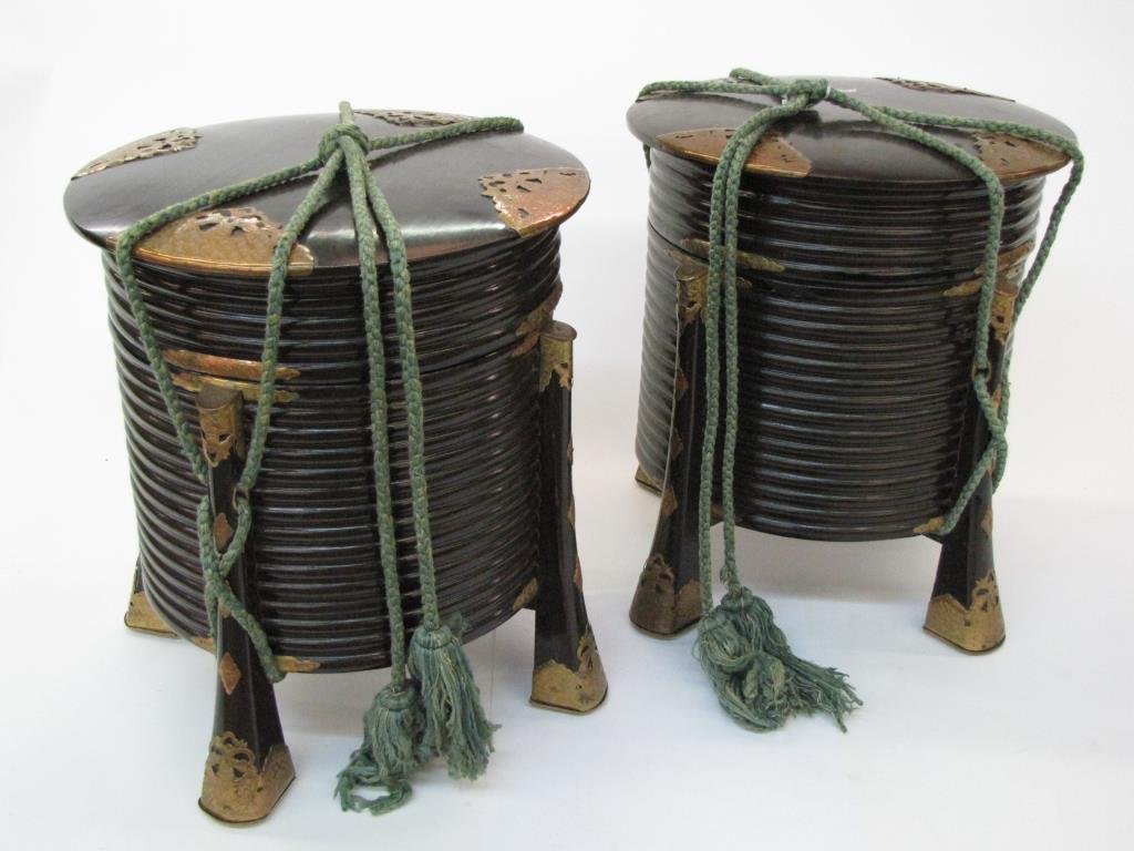 Pair of Japanese Wedding Boxes: Pair of Japanese Wedding Boxes, made of Hinoki Cypress with a Black Lacquer finish, chased brass fittings and silk tasseled cording, 19th century, Edo/Meiji Periods, 16" x 16" x 18"