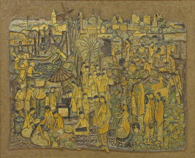 Cheong Soo Pieng 35x43 Mixed Media/Board "Singapore: Cheong Soo Pieng (Singapore, 1917-1983) 35x43 , Mixed Media/Board , signed verso, dated 1970 , "Singapore Malay Culture" , Inscribed: titled and detailed on artist's tags ver Provenance: part of the N