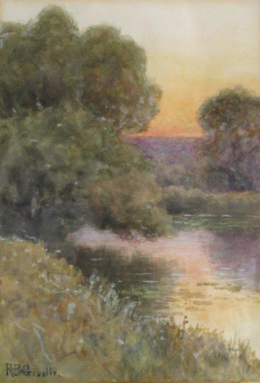 Richard B. Gruelle 10x 7 W/C Sunset over Creek: Richard B. Gruelle (IN, NY 1851 - 1914) 10x 7 , W/C , SLL , Sunset over Creek