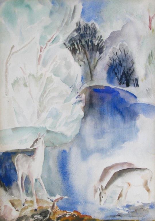 Olive Rush 14x10 W/C "Deer By Lake": Olive Rush (US, 1873 - 1966) 14x10 , W/C , "Deer By Lake" , Inscribed: signed and titled verso 20" x 15.75" size as framed