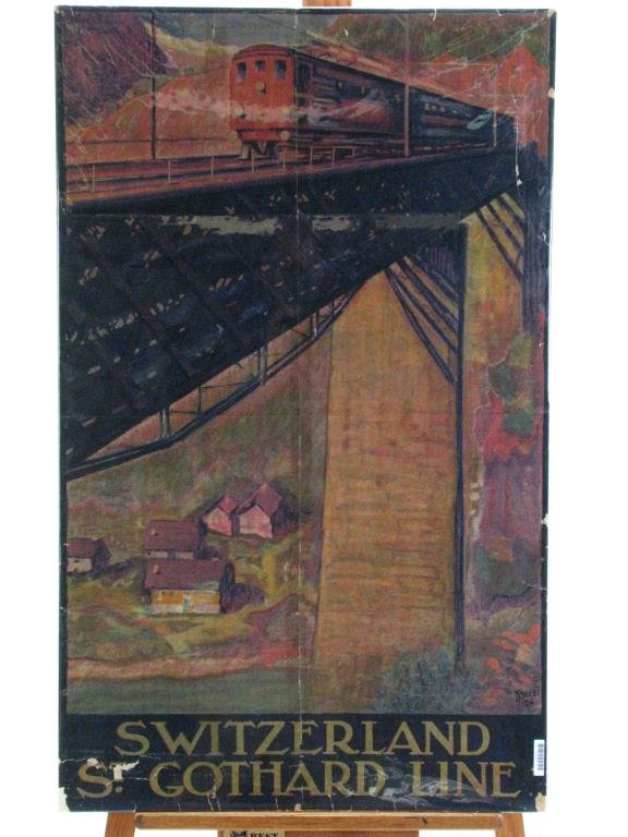 Antique Swiss Railroad Travel Poster: Antique Swiss Travel poster, DANIELE BUZZI. ST. GOTHARD LINE / SWITZERLAND. 1924., 39x24 inches, The St. Gothard Railway, built 1872-80, links the northern and southern parts of Switzerland, beginning