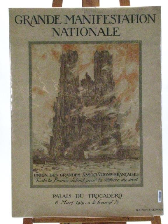 WWI French Poster: A French World War I poster, "Grand Manifestation Nationale...All of France stands for the Victory of the Right", Palais Du Tracadero, March 8, 1919, 2:30, 31x22.5 condition: fold creases, minor tonin