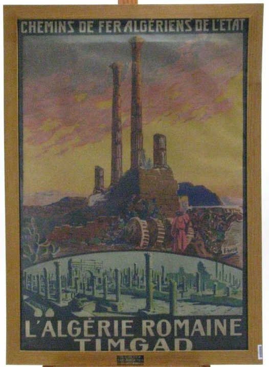 Antique Art Deco Algerian Travel Poster: An art deco antique travel poster, "L'algeria Romaine Timgad", art by Edouard Herzig, printed in France, ca 1925, 41x29.25 condition: framed in simple strip frame, some fold creasing, image tears in t