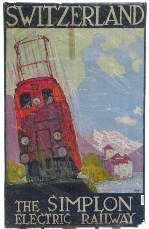 Antique Swiss Railroad Travel Poster: An antique travel poster, "Switzerland, The Simplon Electric Railway", art by D Buzzi, ca 1925, condition: fair- condition, damage lower right corner, pin holes upper corners, fold creases, shrink wra