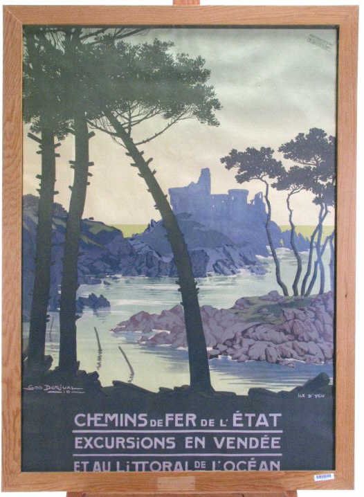 Antique Art Deco French Travel Poster: An art deco antique French travel poster, "Chemins, de Fer de l'etat, Excursions en Vendee, Et au Littoral de L'Ocean" Ile d'Yeu, art by Geor Dorival, ca 1910, mounting direction stamp upper right con