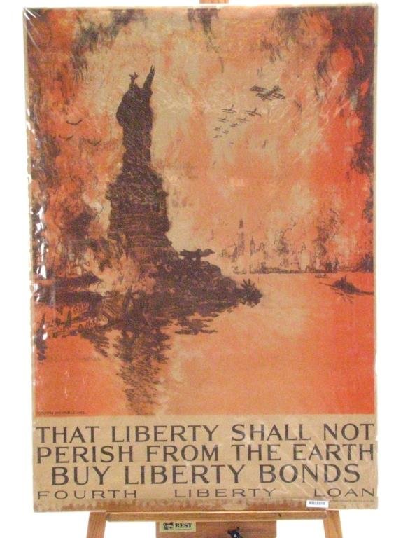 WWI Liberty Bonds Poster: An antique poster, Buy Liberty Bonds, Fourth Liberty Loan, 41x28", Joseph Pennell (American, 1860-1926), artist, printed by Heywood Strasser and Voigt Litho Co, NY, Condition:shrink wrapped on cardboa