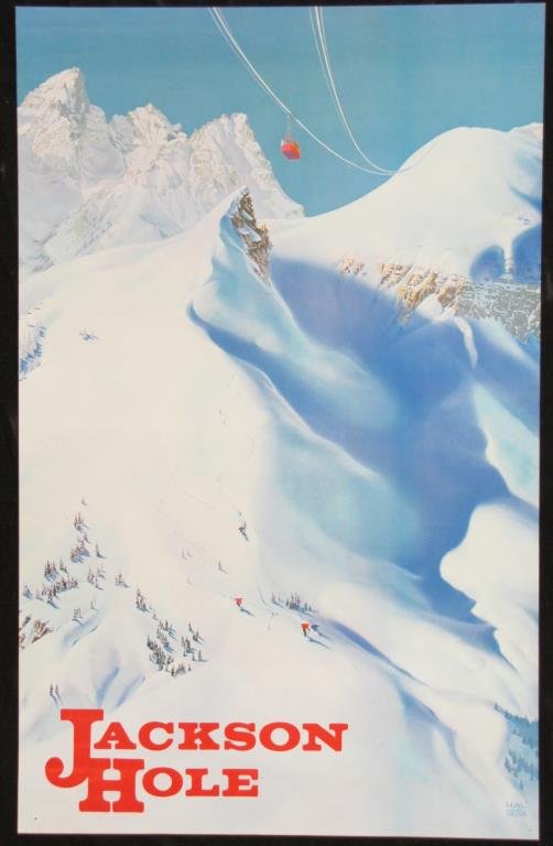 Vintage Travel Poster, Jackson Hole, WY: A vintage 1960s travel poster, Jackson Hole, WY, depicting a ski mountain, Hal Shelton, artist, 32x20 inches, good condition (pin holes in corners), unbacked