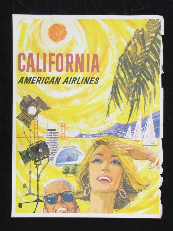 American Airlines California Travel Poster: A vintage 1960s American Airlines travel poster, California, depicting various California attractions, 40x30, artist: Boyle, fair condition (right margin various tears, 3" tear into image on top), unb