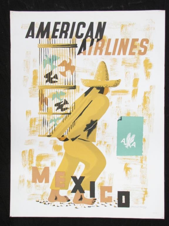 American Airlines Mexico Travel Poster: A vintage 1950s American Airlines travel poster, Mexico, artist: Edward McKnight Kauffer (1890-1954), 40 x 30 inches, good condition (pin holes in corners, minor creases), unbacked