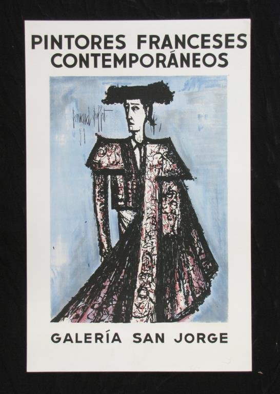Vintage Exhibition Poster, Bernard Buffet: A vintage art exhibition poster, artist: Bernard Buffet, "Pintores Franceses Contemporaneos", Galeria San Jorge, 35 x 22.5, good condition (pin holes in corners), unbacked