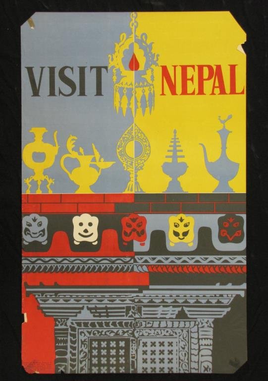 Vintage 1960s Travel Poster, Nepal: A vintage 1960s travel poster, Nepal, published Nepalese Ministry of Public Works, "Visit Nepal", fair (-) condition (corners torn, holes, border tears), unbacked
