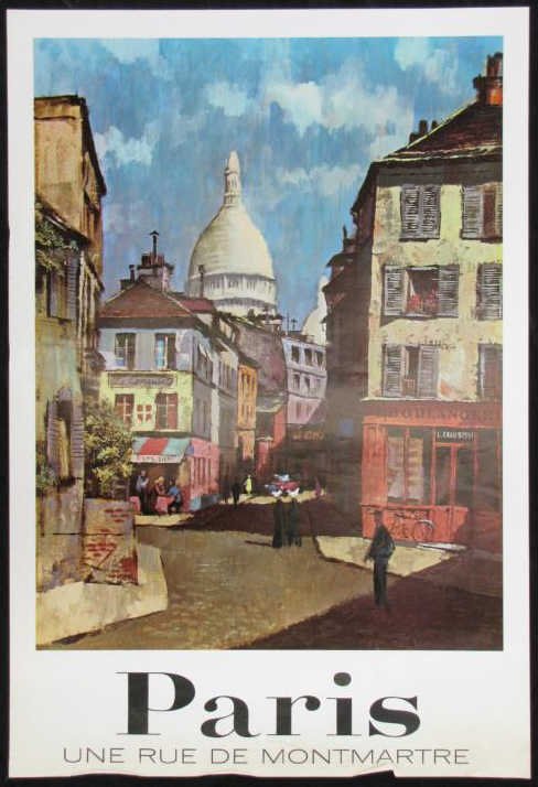 Vintage Travel Poster, Paris, Montmartre: A vintage 1960s travel poster, promoting Paris, France, "Une Rue de Montmartre", artist: Louis Macouillard (1913-1987), 37.5 x 25.5 inches, fair condition (toning/water damage along bottom edge, and s