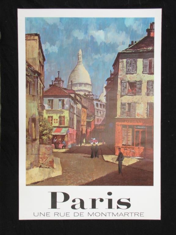 Vintage Travel Poster, Paris, Montmartre: A vintage 1960s travel poster, promoting Paris, France, "Une Rue de Montmartre", artist: Louis Macouillard (1913-1987), 37.5 x 25.5 inches, good condition (pin holes in corners, slight roughness upper