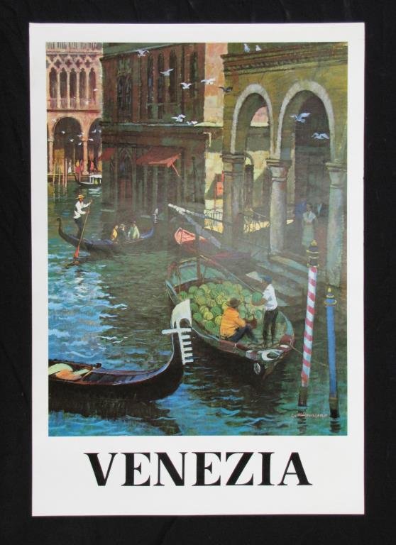 Vintage Travel Poster, Venice: A vintage 1970s travel poster, Venezia (Venice), depicting gondoliers, artist: Louis Macouillard (American 1913 - 1987) 37.5 x 25.5, good condition (pin holes in corners, 1/2 inch tear upper right)
