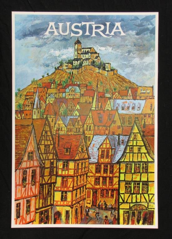 Vintage Travel Poster, Austria: A vintage early 1970s travel poster, Austria, artist: Earl Thollander, 37.5 x 25.5, good condition (pin hole in center, (2) 1/4-inch tears in margins), unbacked